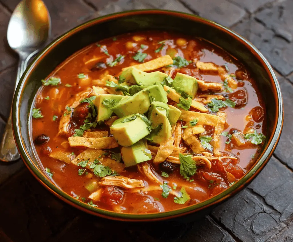 A steaming bowl of authentic chicken tortilla soup topped with fresh cilantro, crispy tortilla strips, melted cheese, and lime wedges, served in a rustic bowl on a wooden table.