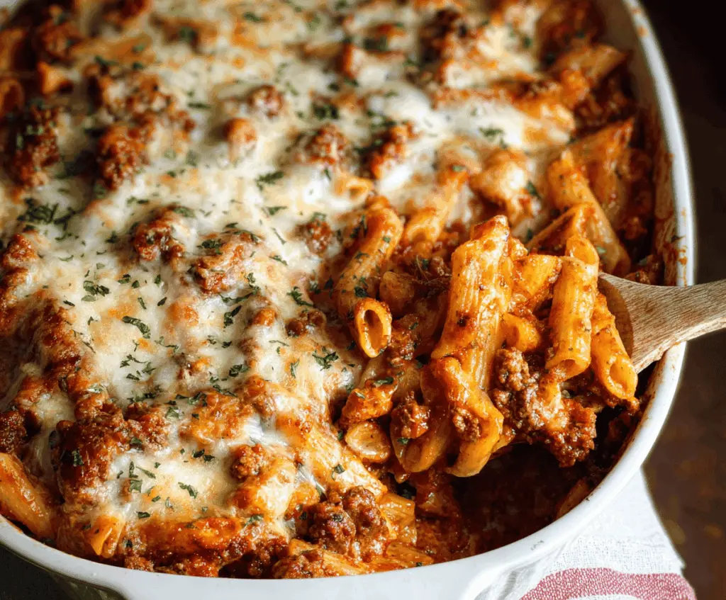 Delicious baked ziti with ground beef, melted cheese, and marinara sauce served in a casserole dish.