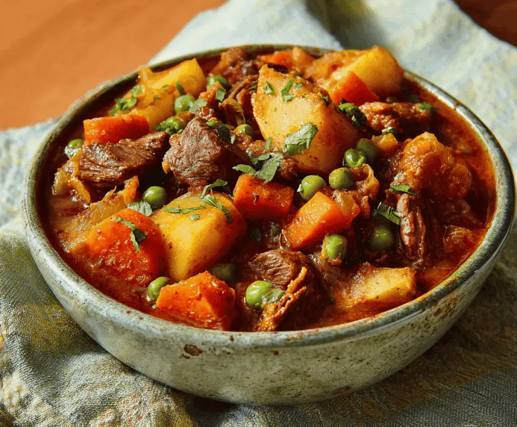 Hearty beef and vegetable stew with tender meat, carrots, potatoes, and green beans in a rich broth served in a rustic bowl.