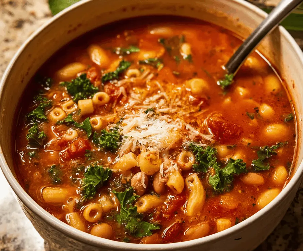 Creamy and hearty Pasta Fagioli soup in a bowl garnished with fresh herbs, perfect for a comforting meal