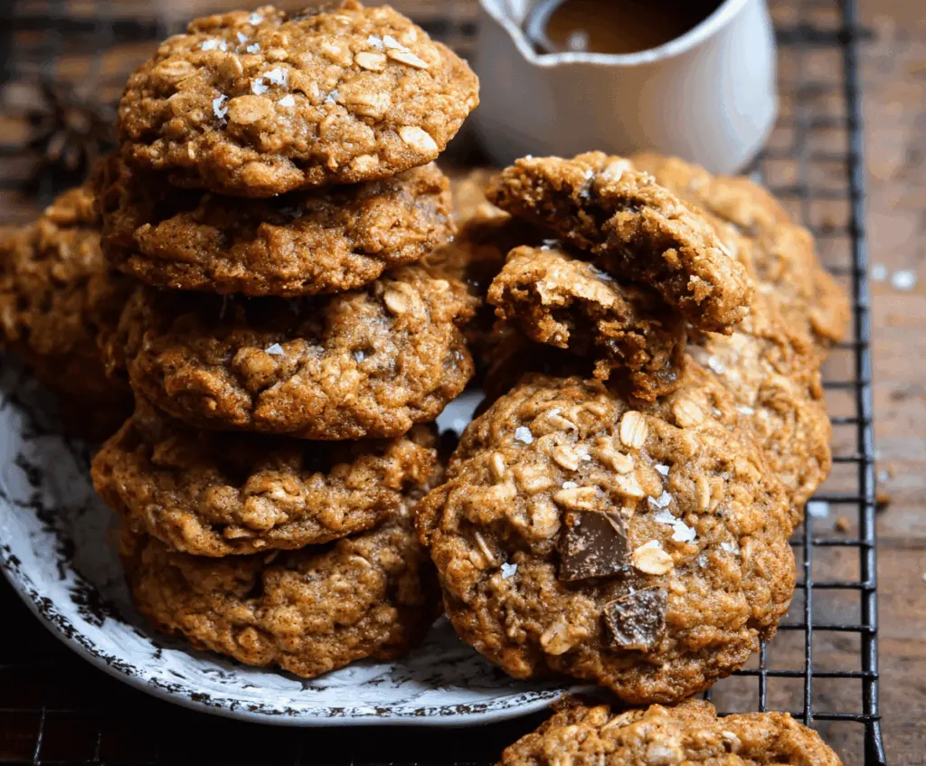 Delicious homemade brown butter pumpkin oatmeal cookies with chocolate chips on a rustic wooden surface