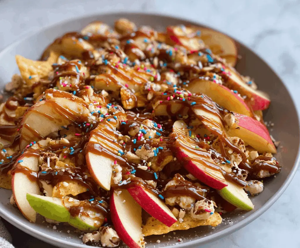 Delicious caramel apple nachos topped with chopped apples, melted caramel drizzle, chocolate drizzle, and colorful sprinkles on a white plate