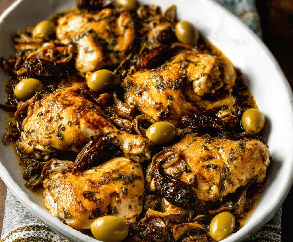 Succulent Chicken Marbella dish featuring roasted chicken topped with olives, dried apricots, and fresh herbs, served with vibrant vegetables on a white plate