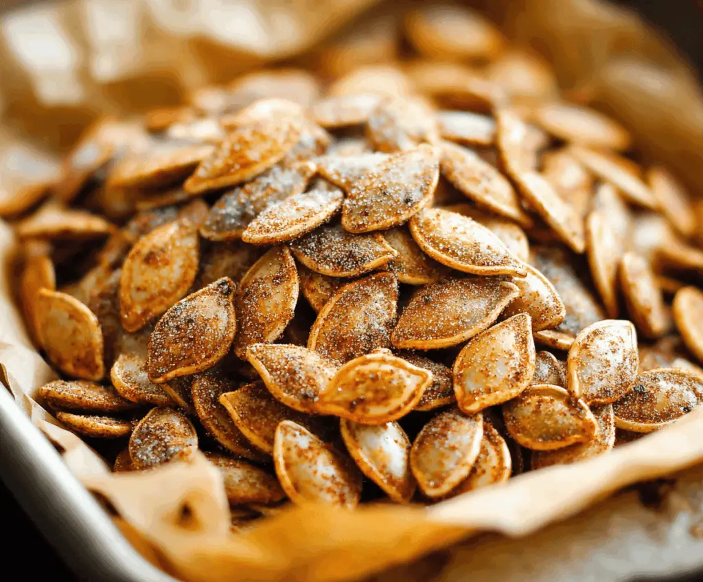 Crunchy cinnamon sugar roasted pumpkin seeds on a white plate, perfect for snacking or garnishing fall desserts.