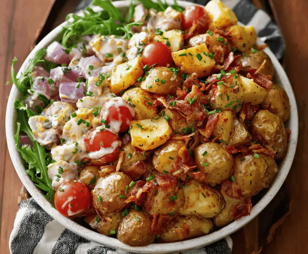Creamy classic potato BBQ side salad with fresh herbs and colorful vegetables on a rustic plate
