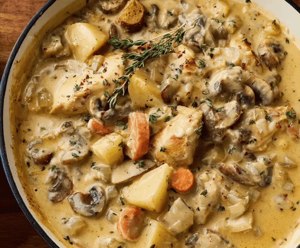 Creamy Chicken and Mushroom Stew in a rustic bowl garnished with fresh herbs, featuring tender chicken pieces and sautéed mushrooms in a rich, velvety sauce.