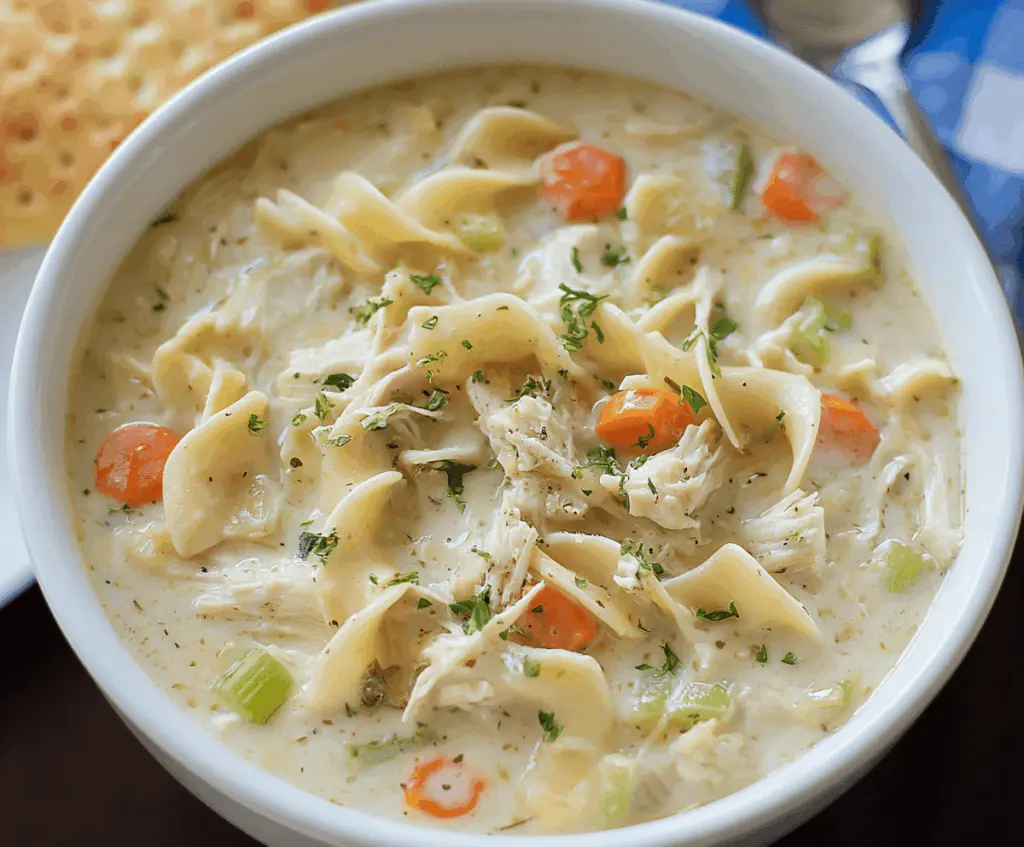 A steaming bowl of creamy chicken noodle soup garnished with fresh herbs, showcasing tender chicken pieces, vegetables, and soft noodles in a rich, velvety broth.
