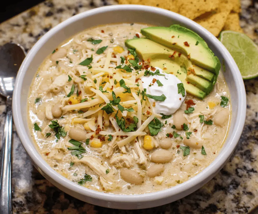 Creamy Crockpot White Chicken Chili in a bowl with toppings, served hot with fresh herbs and cheese