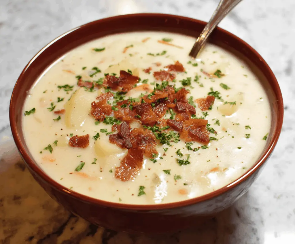 A bowl of creamy potato soup topped with crispy bacon bits, garnished with chopped herbs, served in a white bowl on a rustic wooden table.