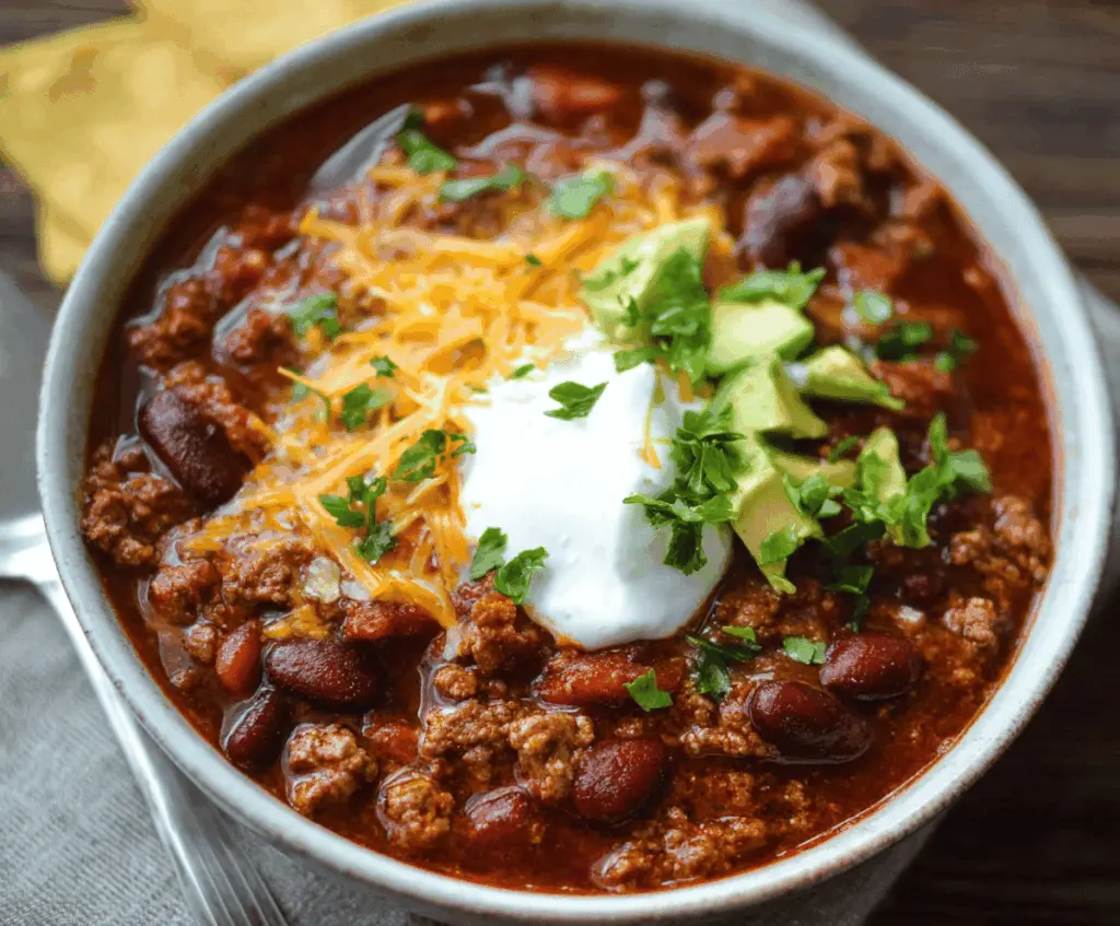 Hearty crockpot chili with ground beef, beans, tomatoes, and spices in a bowl, perfect for cozy meals