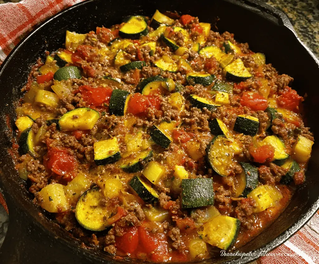 Delicious ground beef and zucchini skillet recipe featuring seasoned cooked beef and fresh zucchini slices in a colorful, appetizing dish
