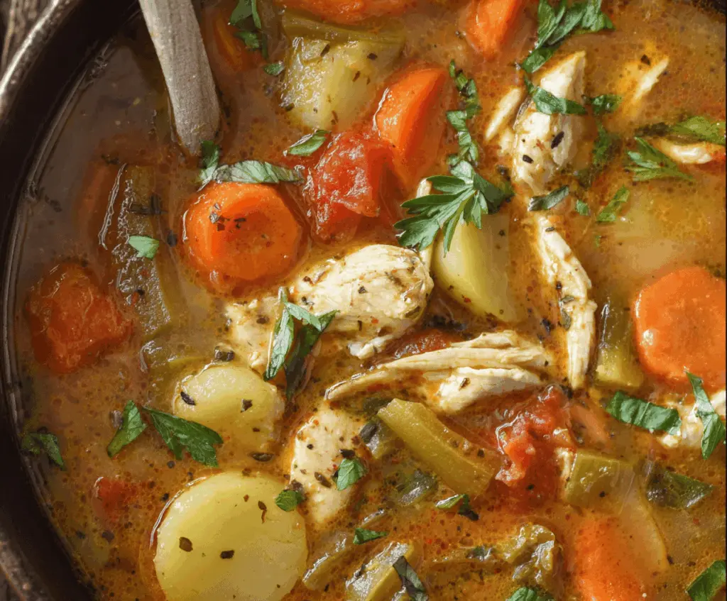 Hearty chicken stew with fresh vegetables in a rustic bowl, featuring tender chicken, colorful carrots, potatoes, and green beans for a comforting meal.