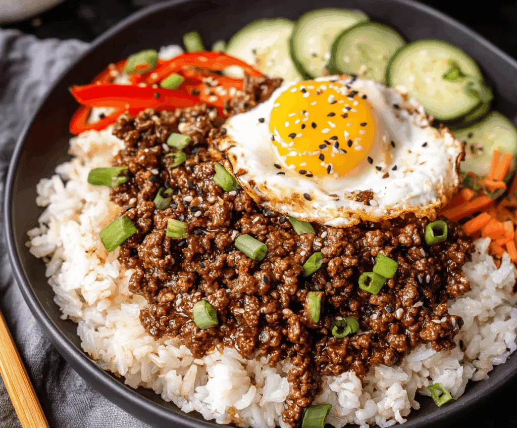 Delicious Korean Ground Beef Bowls topped with green onions and sesame seeds, served over rice for a flavorful and easy meal.