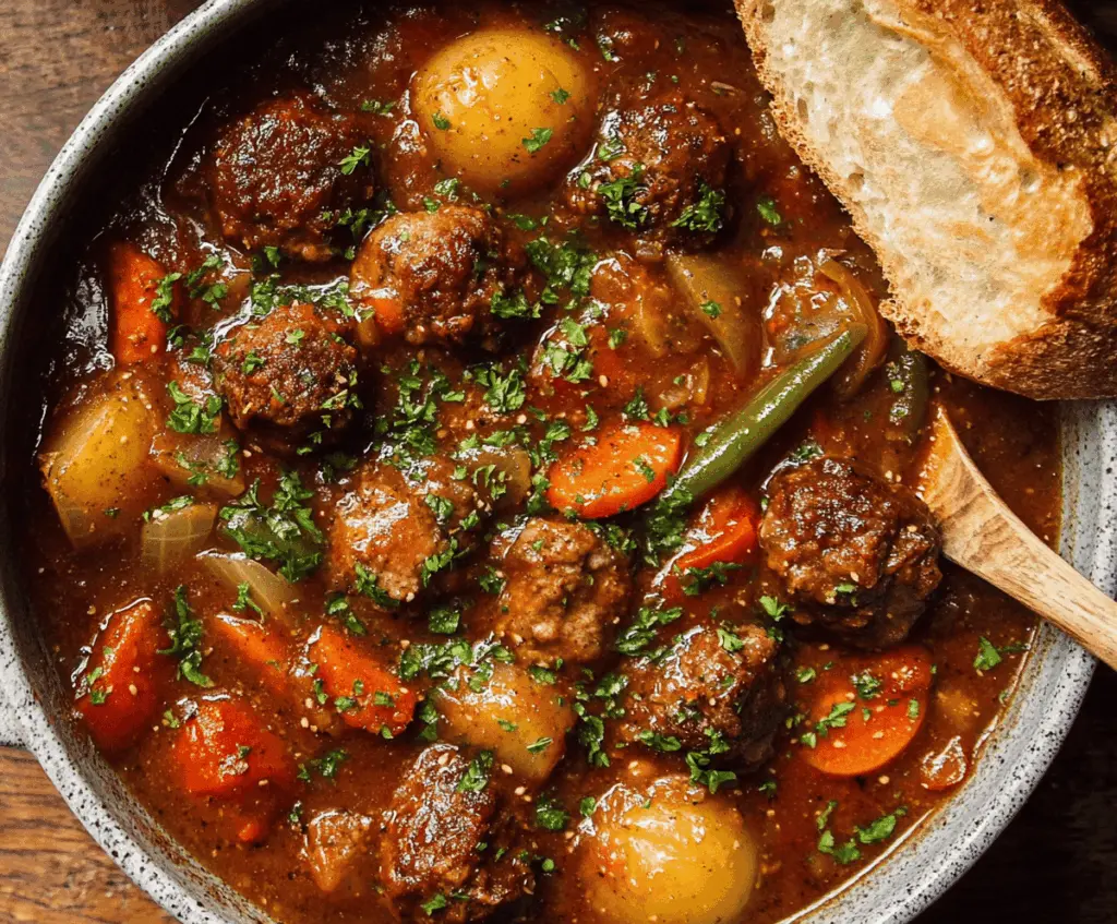 Hearty one-pot meatball stew with tender meatballs, vegetables, and savory broth in a cozy bowl