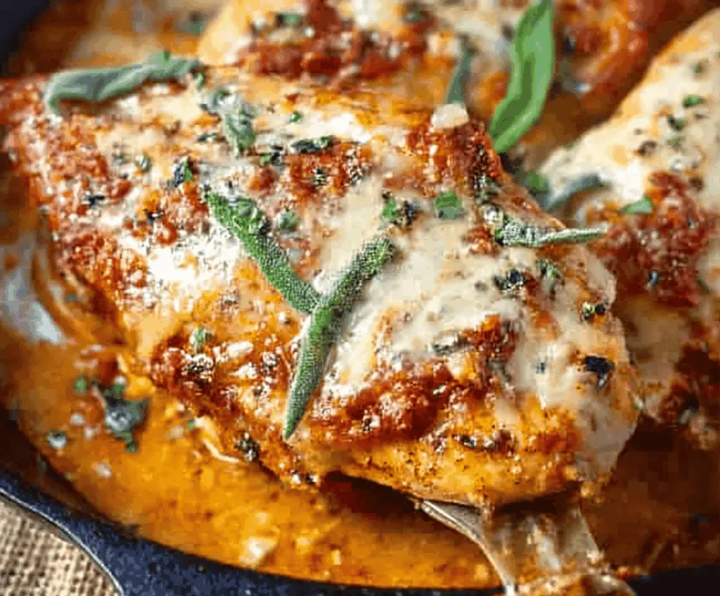 Delicious Pumpkin Parmesan Chicken Skillet topped with melted cheese and fresh herbs, served in a rustic skillet for a flavorful autumn-inspired meal.
