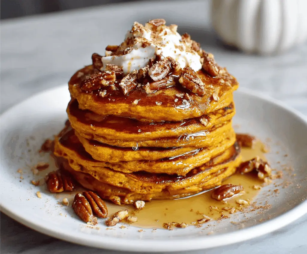 Fluffy pumpkin spice pancakes topped with whipped cream and cinnamon, served with maple syrup on a fall-themed plate