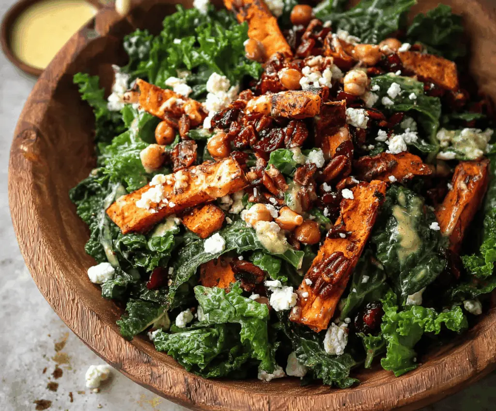 Colorful roasted sweet potato and fresh kale salad topped with crunchy seeds and a tangy dressing, perfect for a healthy meal.