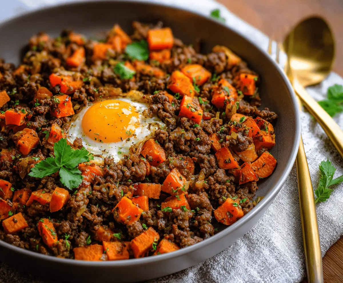 Sheet-Pan Ground Beef and Sweet Potato Hash