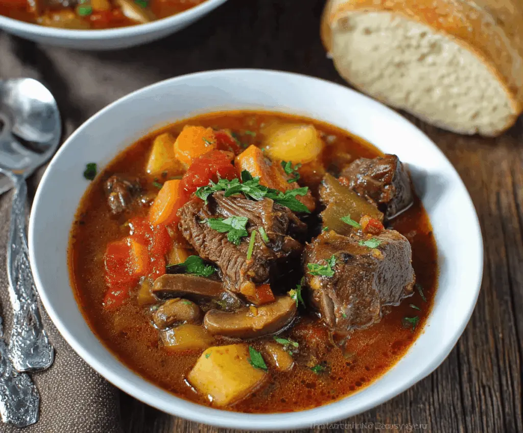 Hearty Slow Cooker Italian Beef Stew with tender beef chunks, vegetables, and savory herbs in a rich broth