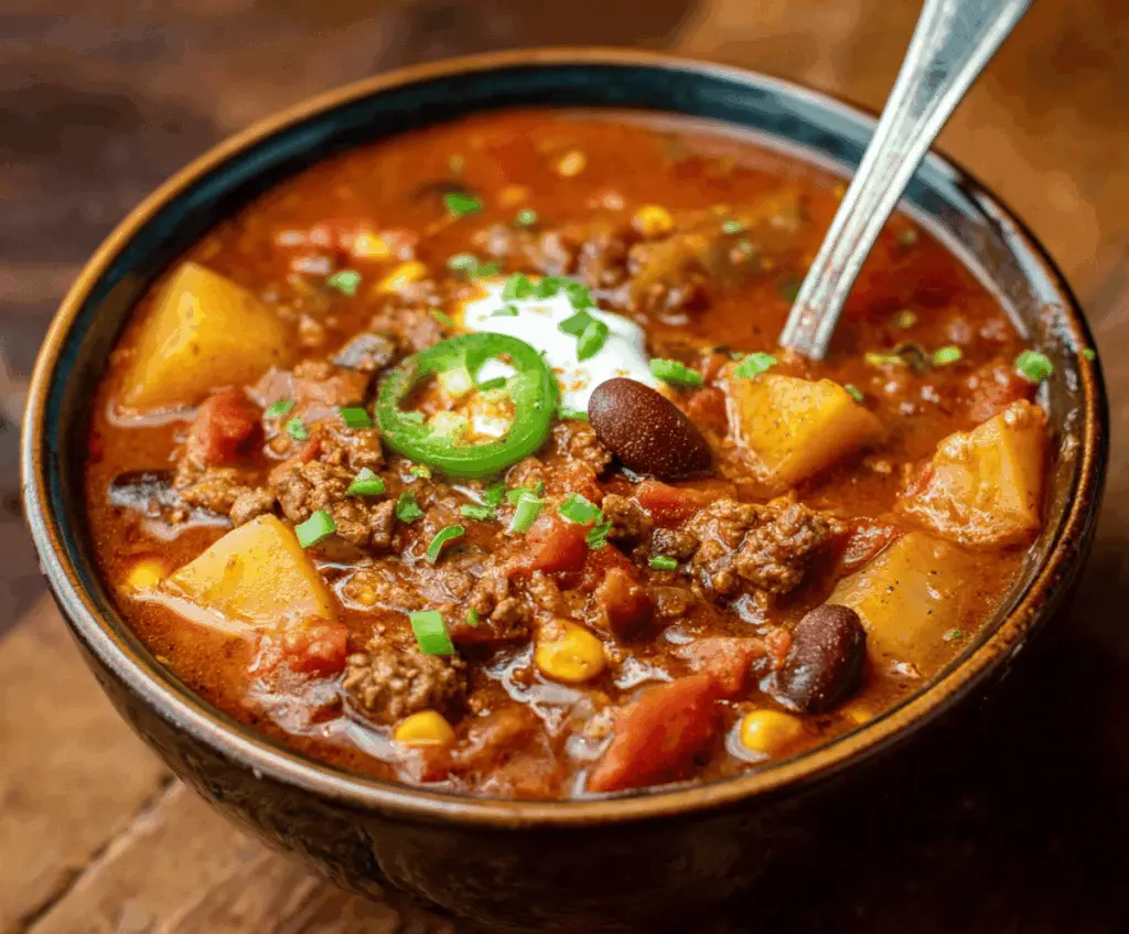Hearty Texas Cowboy Stew featuring chunks of beef, potatoes, corn, and vegetables in a rich, savory broth served in a rustic bowl.