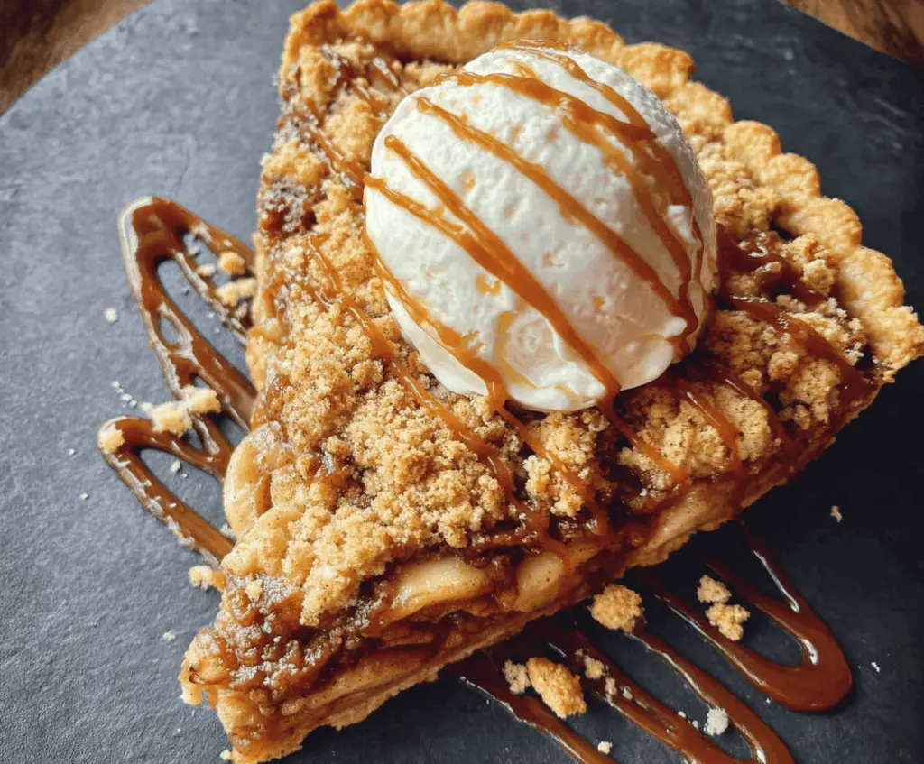 Delicious Toffee Apple Crumble Pie with golden crumble topping and caramelized apple filling, perfect for dessert or holiday gatherings