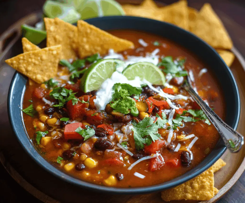 Delicious vegetarian taco soup with fresh vegetables, beans, and spices served in a bowl, perfect for a hearty and healthy meal.