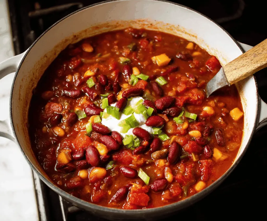 Colorful bowl of vegetarian three-bean chili featuring kidney beans, black beans, and pinto beans garnished with fresh cilantro and diced tomatoes