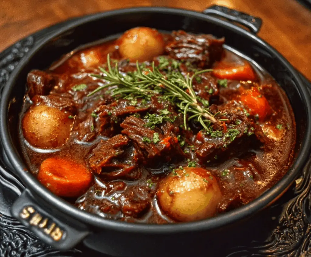 A bubbling Witches Cauldron Beef Stew with tender beef, vegetables, and herbs in a spooky black cauldron for a Halloween-themed meal.