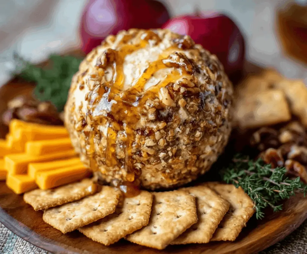Creamy apple cider cheese ball garnished with fresh herbs and apple slices, perfect for fall parties and holiday appetizers.