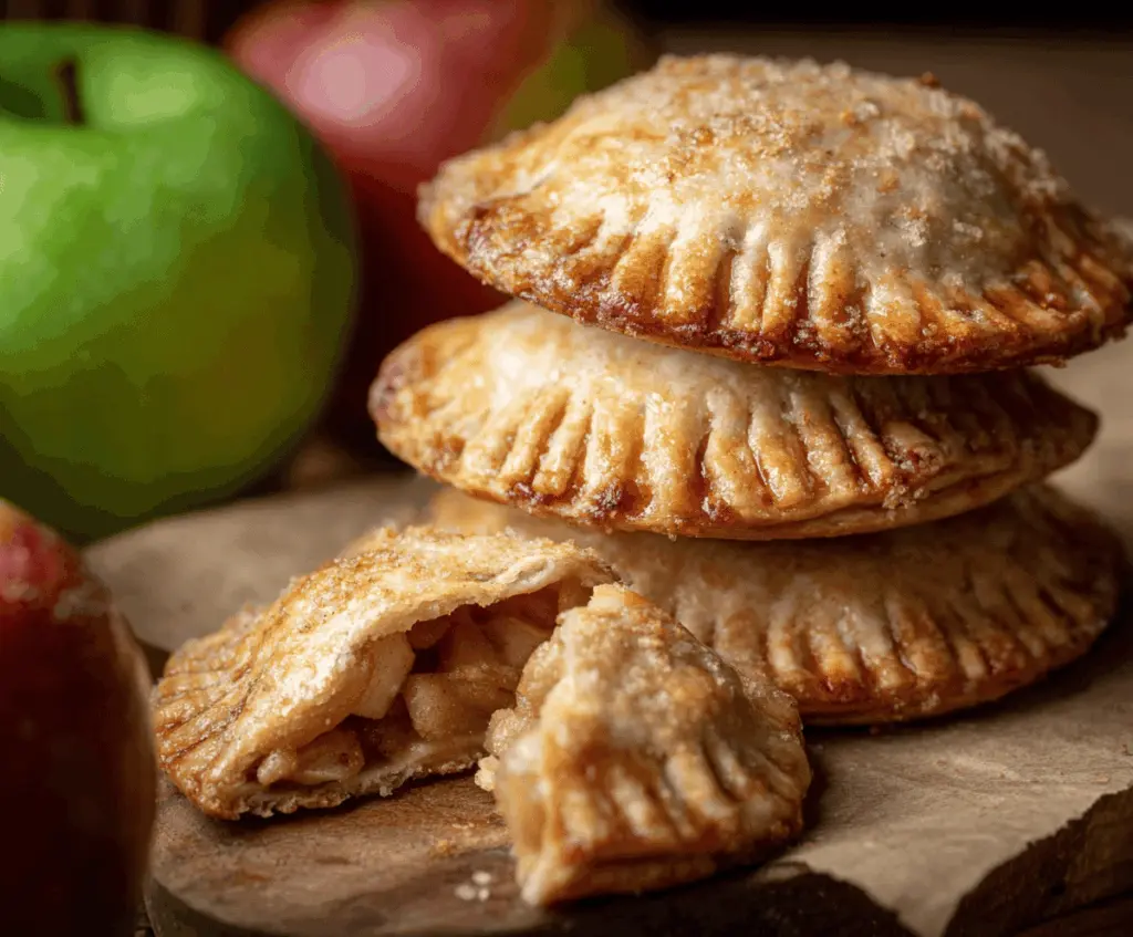 Delicious homemade apple hand pies with golden crust and cinnamon-spiced apple filling on a rustic wooden table