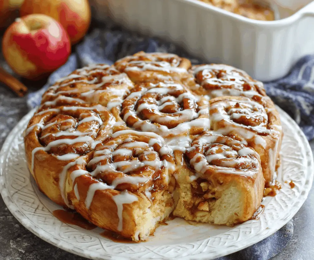 Delicious apple pie cinnamon rolls topped with icing and cinnamon, perfect for a cozy breakfast or dessert.