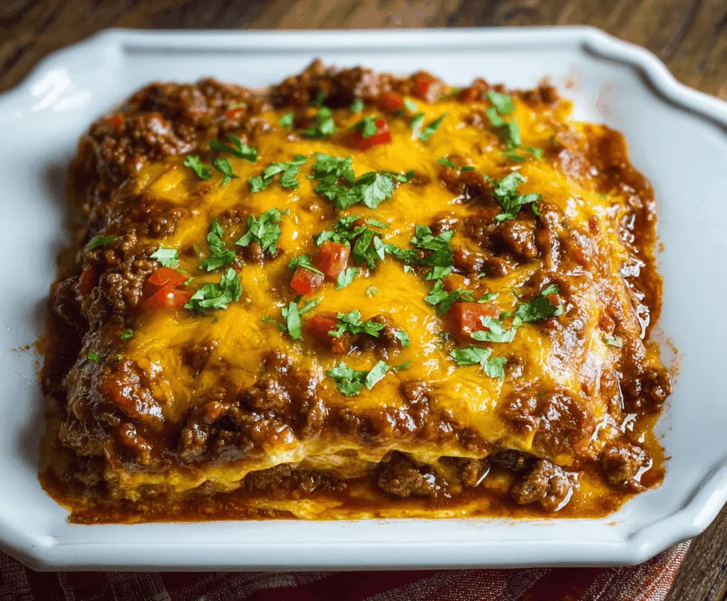 Delicious Beef Enchilada Casserole topped with melted cheese and fresh cilantro, served in a baking dish