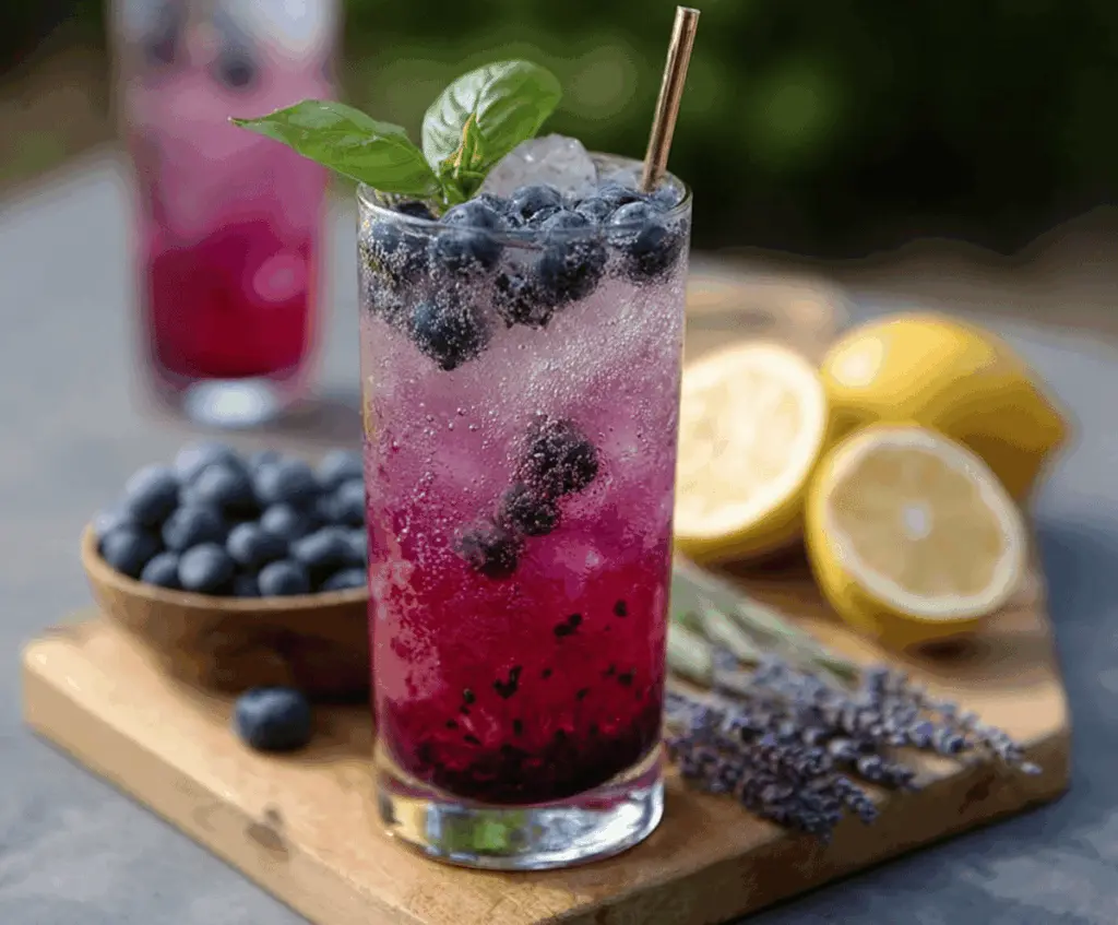 Refreshing Blueberry Basil Lemon Lavender Mocktail in a glass garnished with blueberries, basil leaves, lemon slices, and lavender sprigs