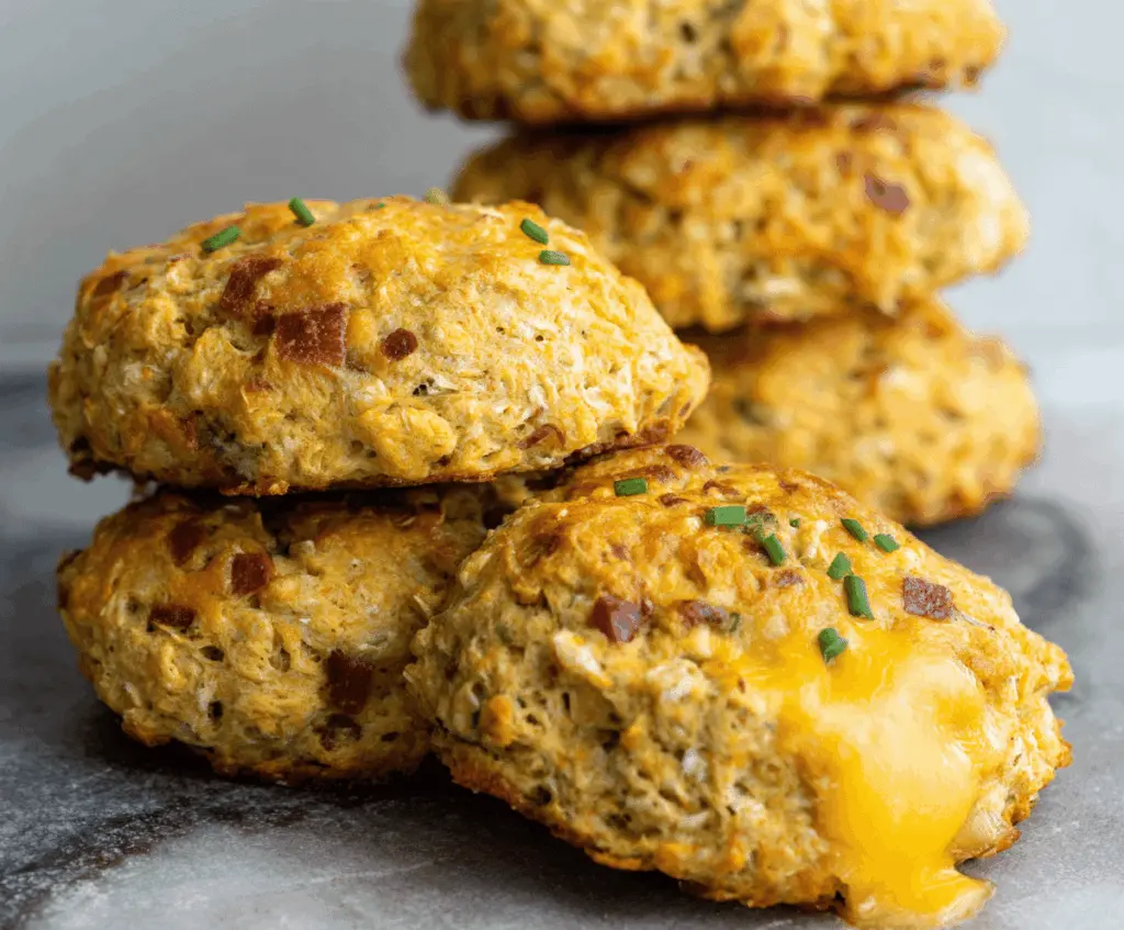 Healthy homemade Breakfast Protein Biscuits with oats, eggs, and protein powder on a rustic wooden table