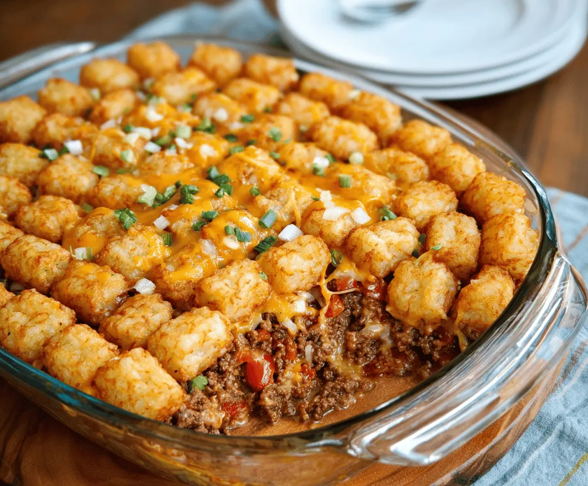 Cheeseburger tater tot casserole in a baking dish