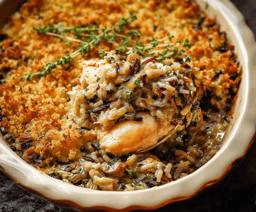 Delicious Chicken Wild Rice Casserole topped with melted cheese and fresh herbs, ready to serve