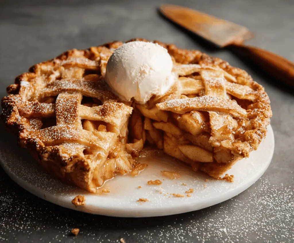 Delicious homemade classic apple pie with golden-brown crust and juicy cinnamon-spiced apple filling, perfect for dessert or a cozy family gathering.