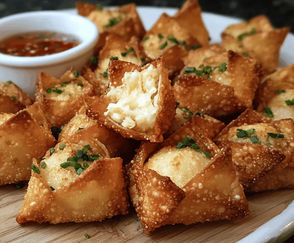 Delicious Crab Rangoon Bombs with crispy golden exterior and creamy filling, served on a white plate for appetizer or party snack.