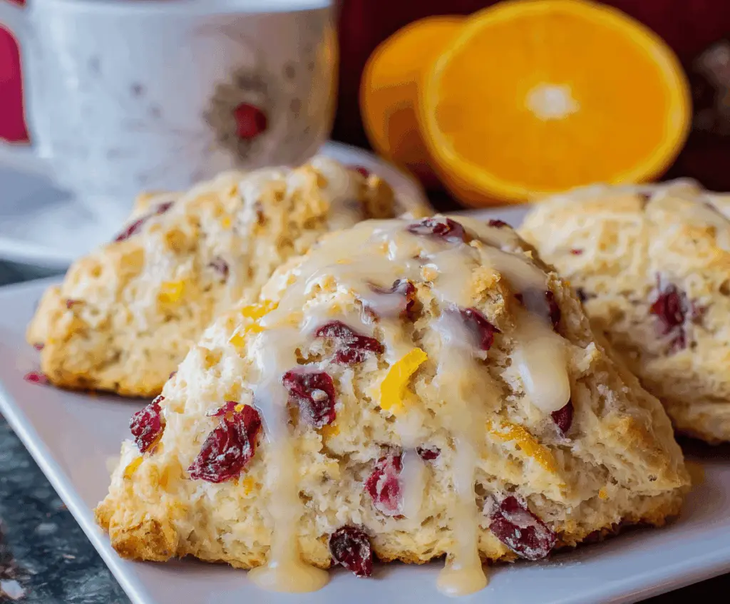 Freshly baked cranberry orange scones on a rustic plate with orange slices and cranberries, perfect for breakfast or brunch.