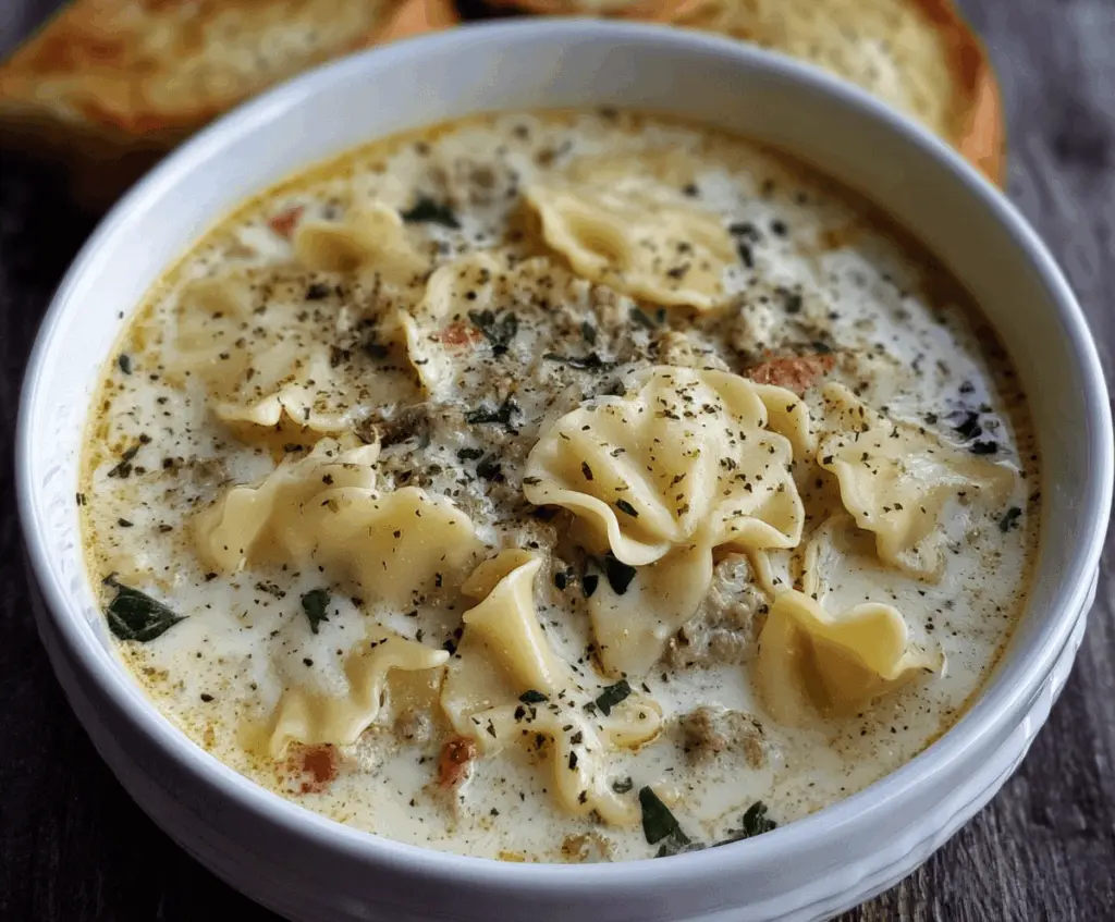 A bowl of creamy Alfredo lasagna soup topped with shredded cheese and fresh basil, served with crusty bread on the side.