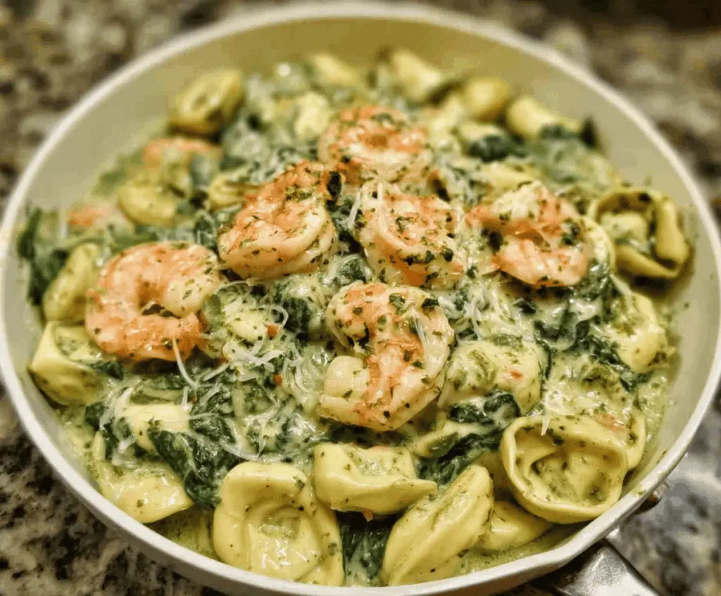 Delicious creamy shrimp and spinach tortellini dish garnished with fresh herbs, served on a white plate
