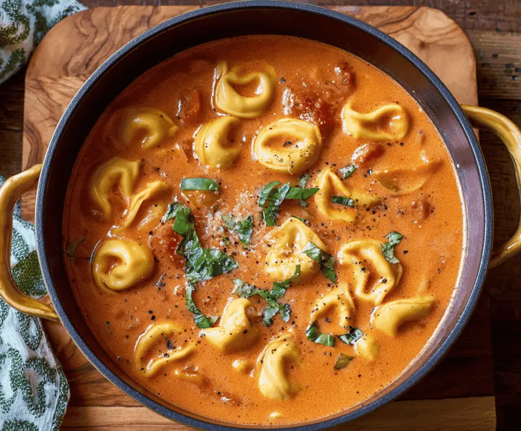 Creamy tomato tortellini soup in a bowl garnished with fresh basil and grated Parmesan cheese, served with a spoon on a rustic wooden table