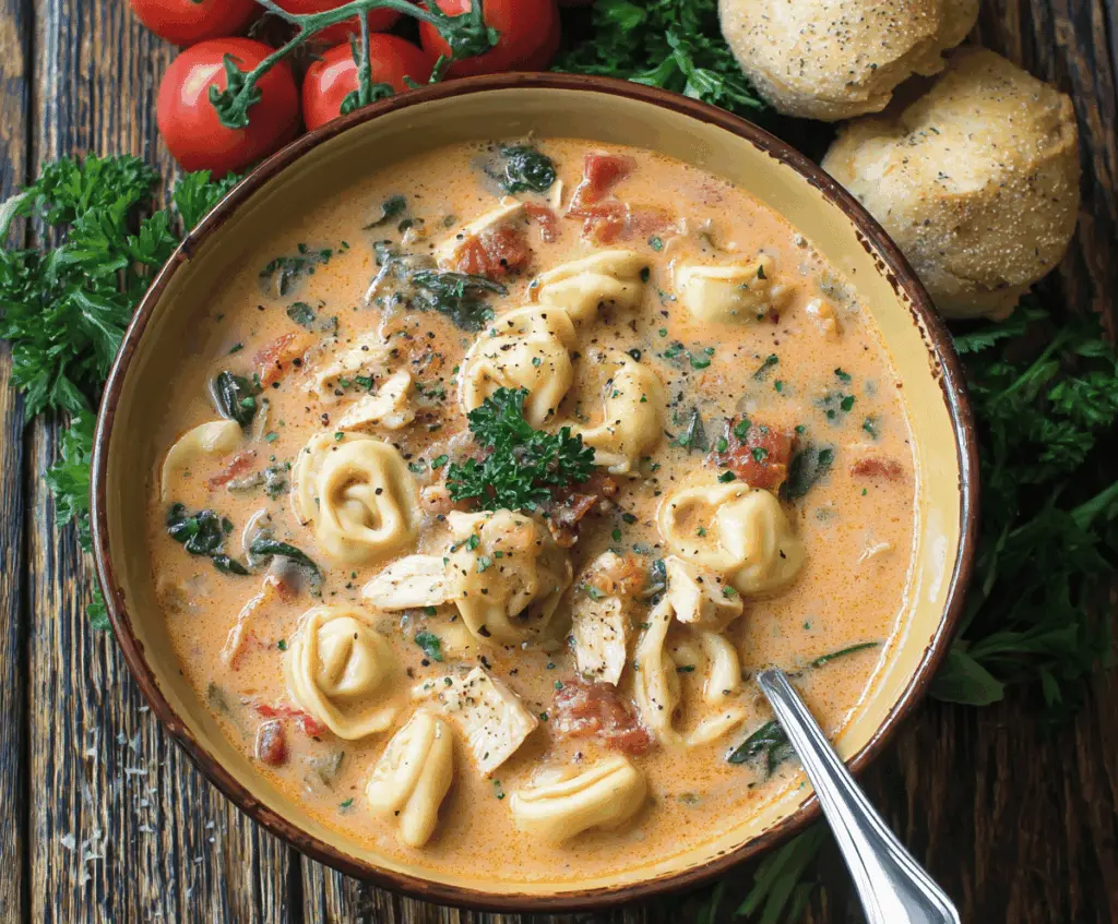 Creamy Tuscan Chicken Tortellini Soup with spinach, sun-dried tomatoes, and melted cheese in a bowl