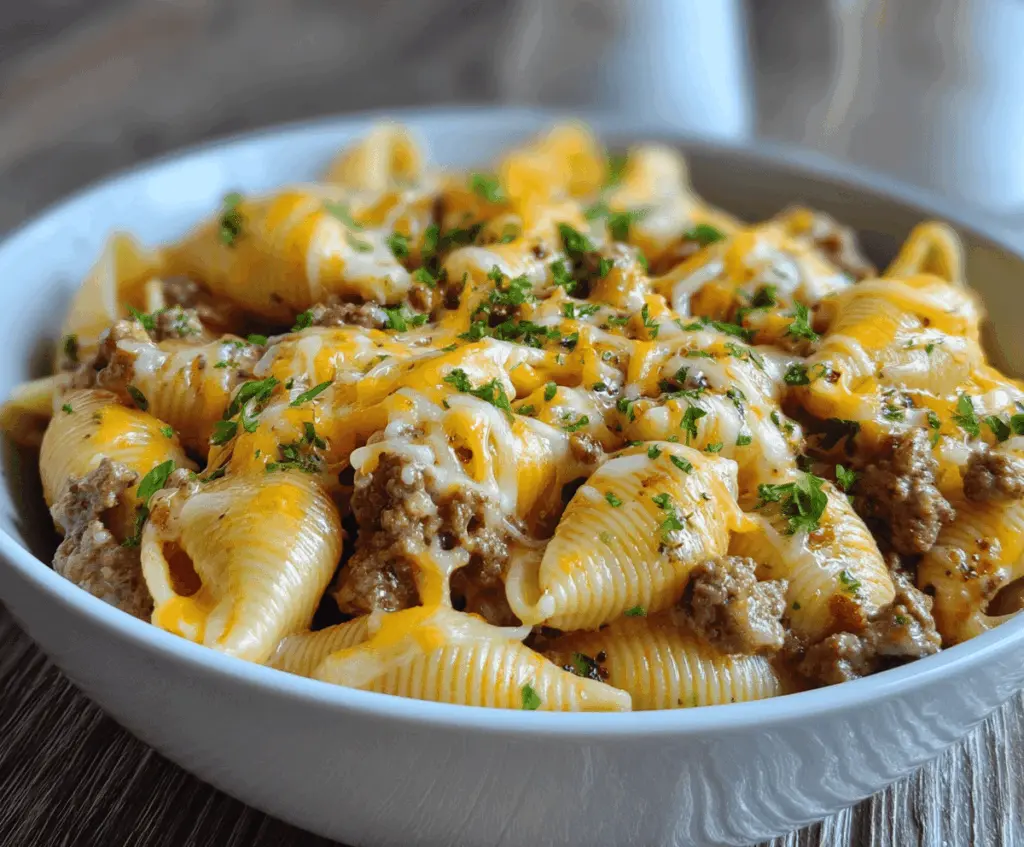 Creamy Crockpot Cheesy Ranch Beef Pasta Shells in a bowl with melted cheese and flavorful beef, perfect for a hearty and easy dinner.