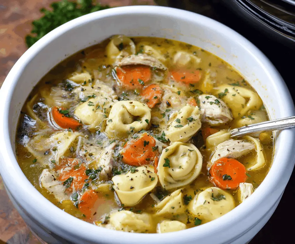 Creamy Crockpot Chicken Tortellini Soup in a bowl with fresh herbs and vegetables, perfect for a cozy meal