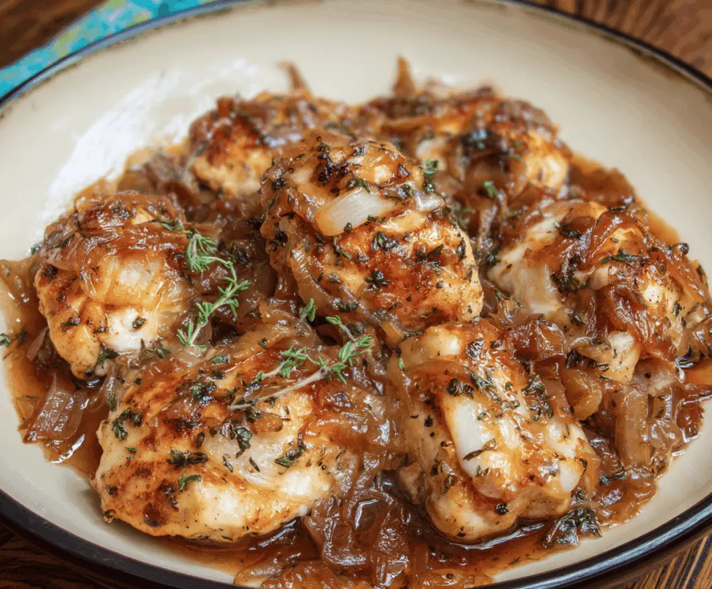 Creamy French Onion Chicken topped with melted cheese and caramelized onions, served on a plate with a side of vegetables.