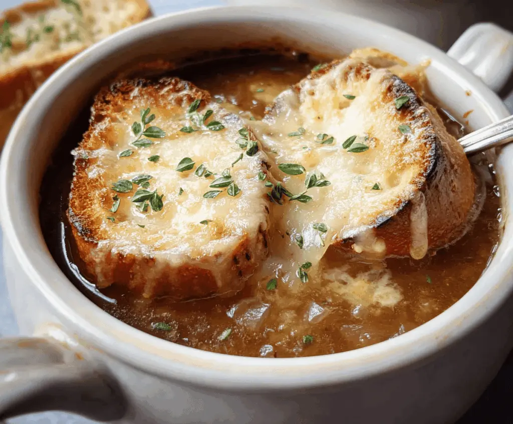 A steaming bowl of classic French Onion Soup topped with melted cheese and toasted bread croutons, served in a rustic ceramic bowl.