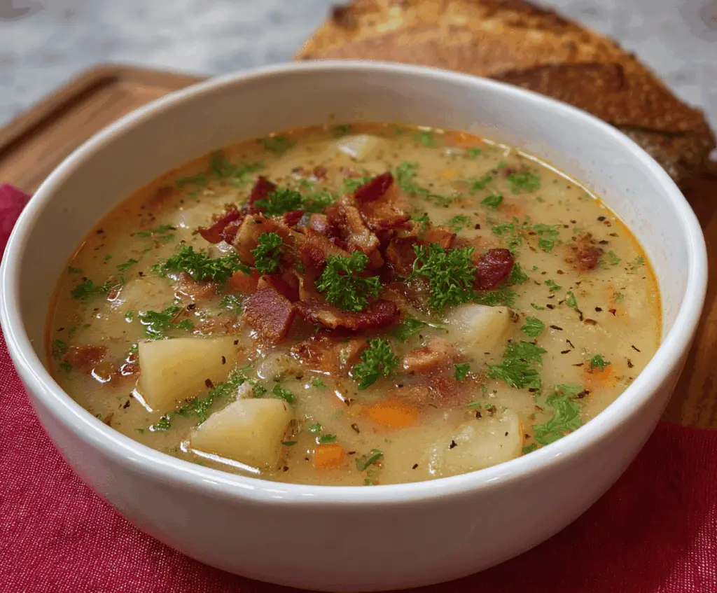 Creamy German Potato Soup garnished with fresh herbs in a rustic bowl, featuring tender potatoes, vegetables, and savory broth.