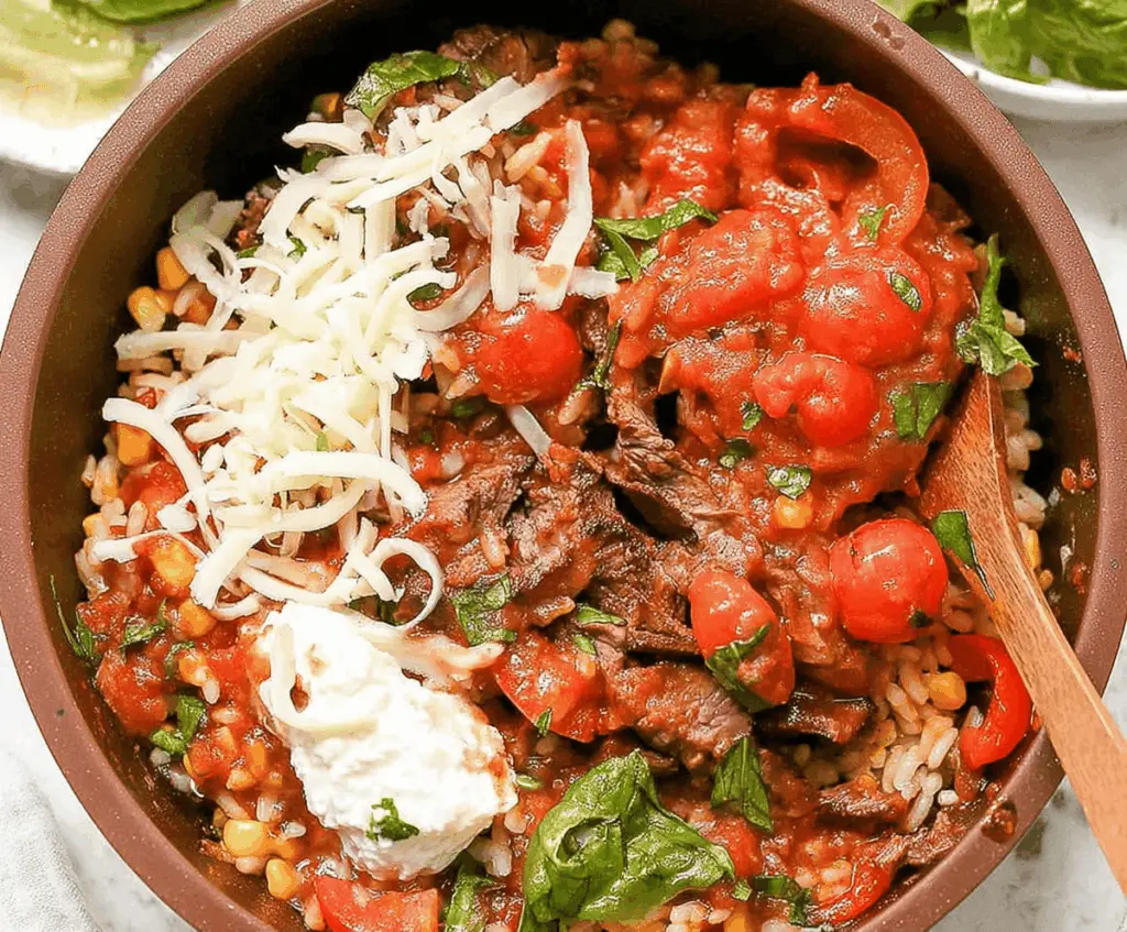 Hearty gluten-free lasagna soup topped with melted cheese and fresh basil in a bowl, perfect for a comforting meal.