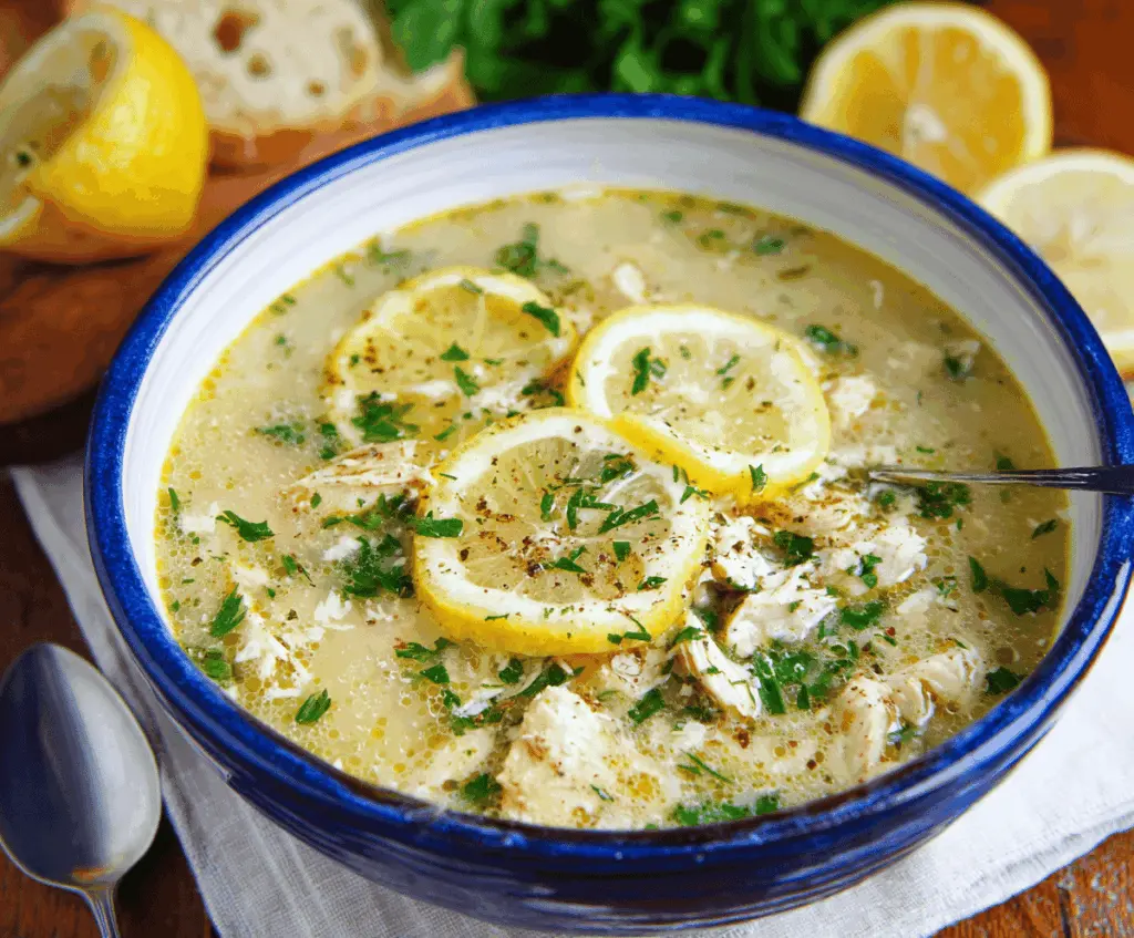 A bowl of steaming Greek Lemon Chicken Soup garnished with fresh herbs and lemon slices, served with crusty bread on a rustic wooden table.